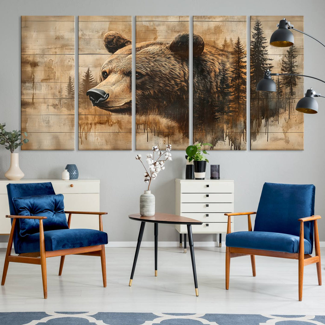 Abstract Rustic Grizzly Bear Wall Art Canvas Print - Woodland Wildlife Forest Print for Farmhouse Decor