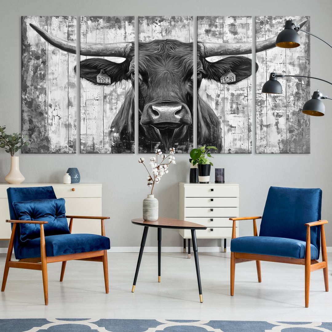 Abstract Longhorn Bull Wall Art Canvas Print - Rustic Texas Western Cow Artwork