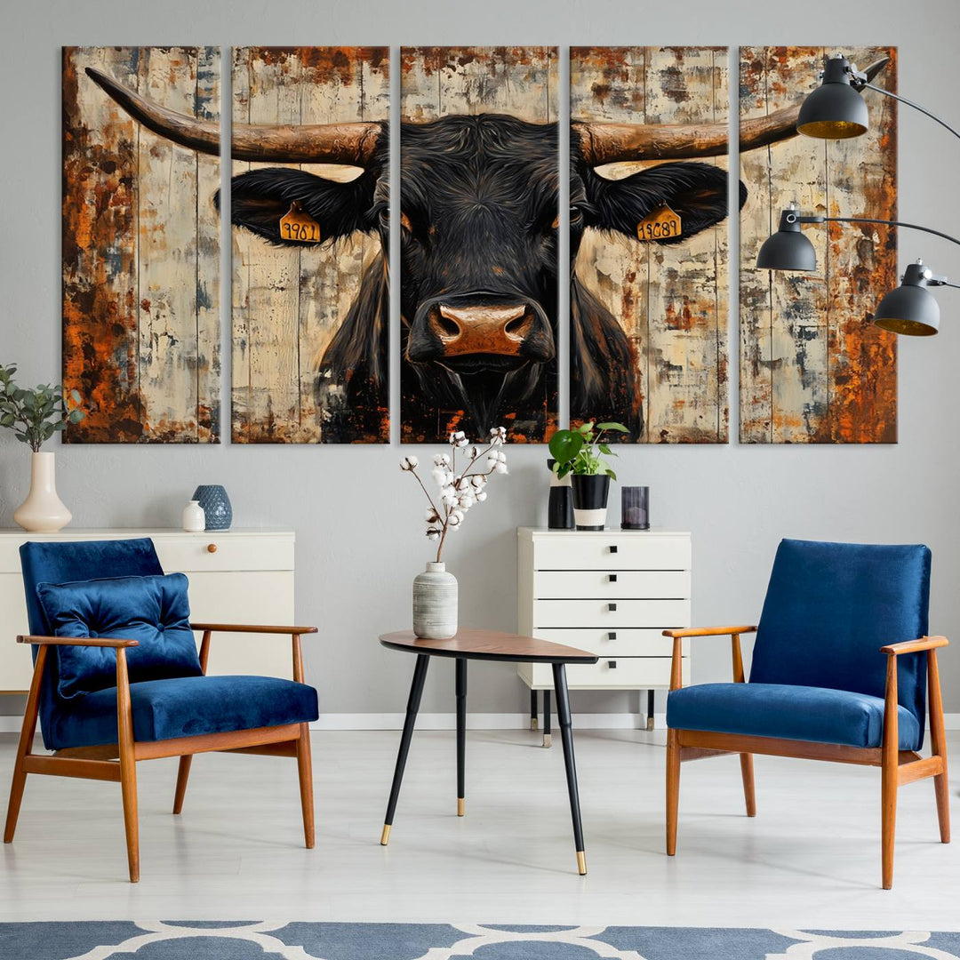 Abstract Cow Longhorn Bull Wall Art Canvas Print - Rustic Texas Western Cattle Artwork