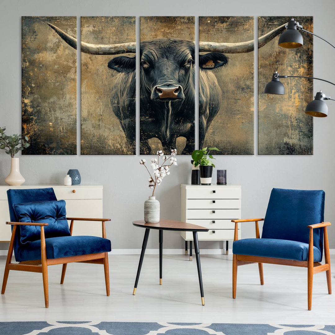 Abstract Cow Longhorn Bull Wall Art Canvas Print - Rustic Texas Western Cattle Artwork