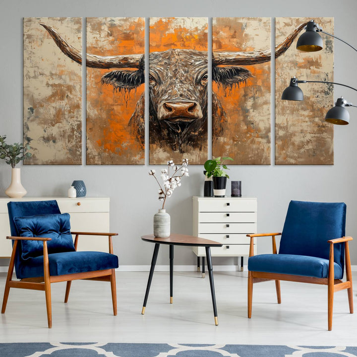 Abstract Cow Longhorn Bull Wall Art Canvas Print - Rustic Texas Western Cattle Artwork