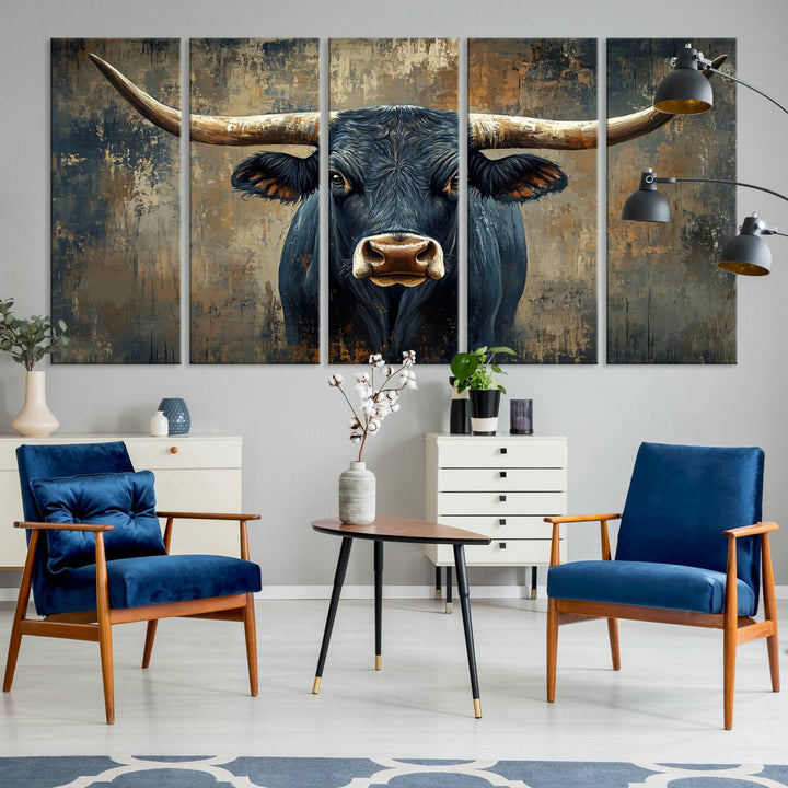 Abstract Cow Longhorn Bull Wall Art Canvas Print - Rustic Texas Western Cattle Artwork