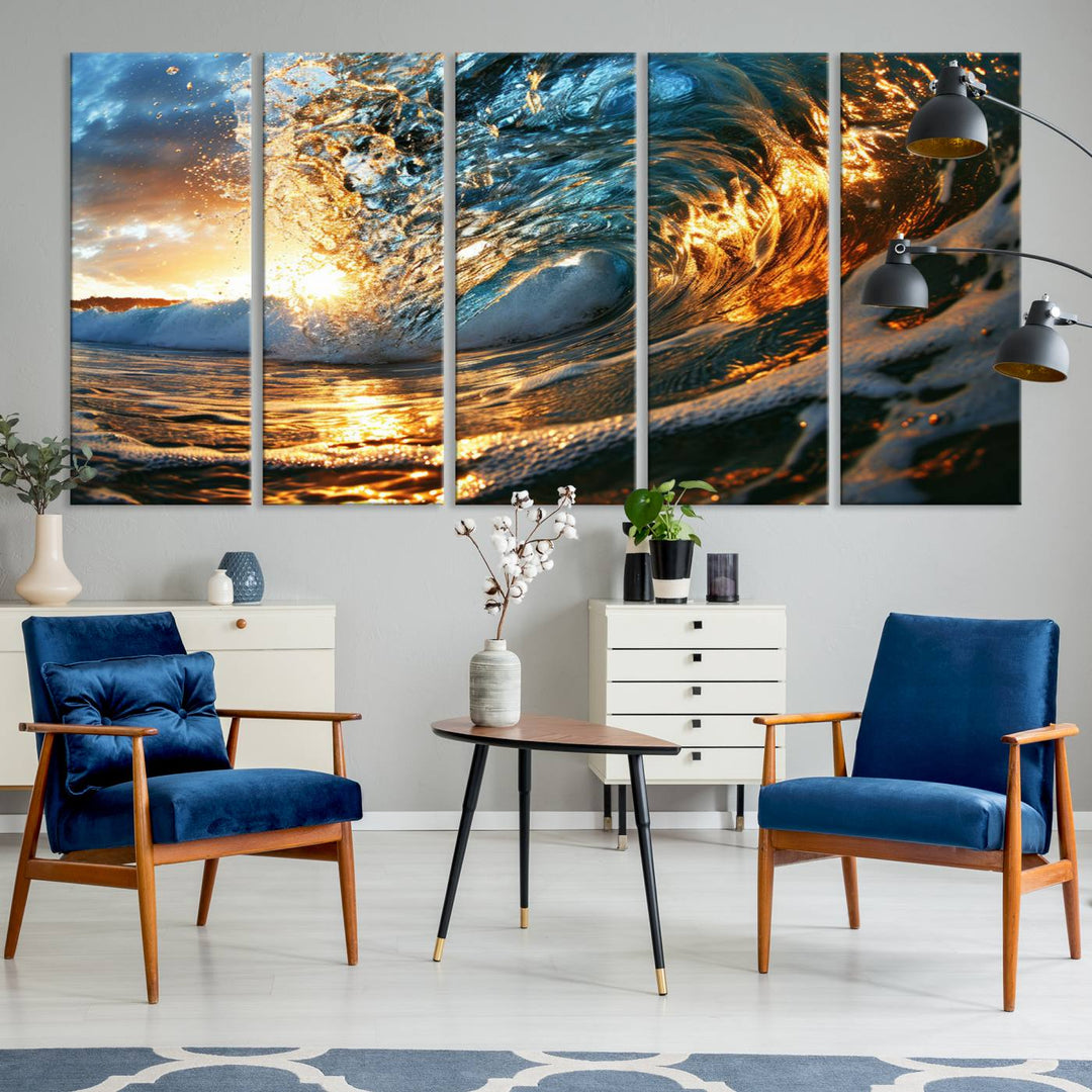 Ocean Wave at Sunset Wall Art | Ready to Hang Triptych Canvas Print | Coastal Wall Art for Living Room | Nautical and Beach House Decor