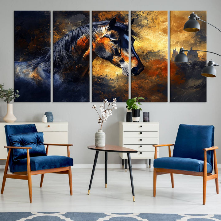 Abstract Horse Art Print on canvas, featuring a colorful background, perfect for rustic farmhouse or equestrian decor.