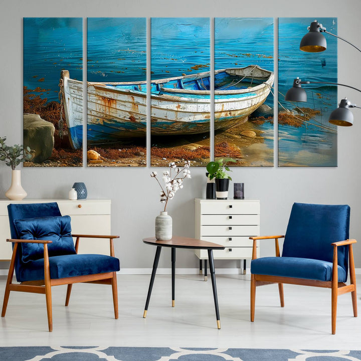 Vintage boat on tranquil waters—rustic triptych canvas print ideal for nautical or coastal wall art.