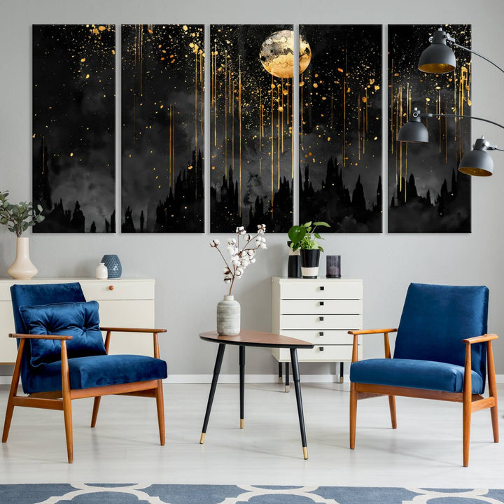 Gold Moon and Black Skyline Abstract Wall Art | Dark Modern Canvas Print with Dripping Gold Accents | Triptych Contemporary Homes