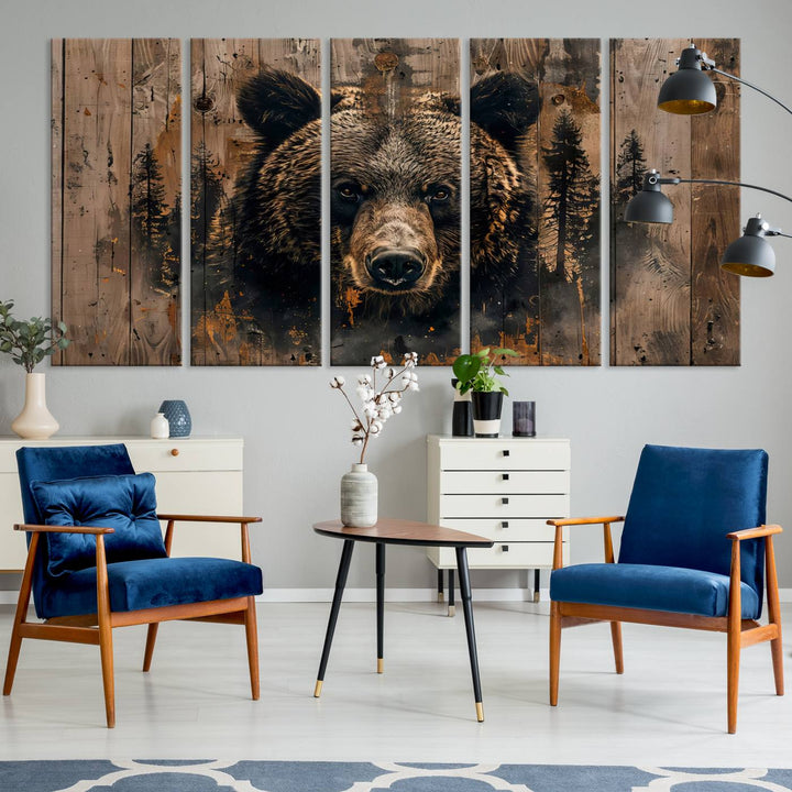 Rustic Grizzly 399 Wall Art is showcased against wood panels with forest silhouettes.