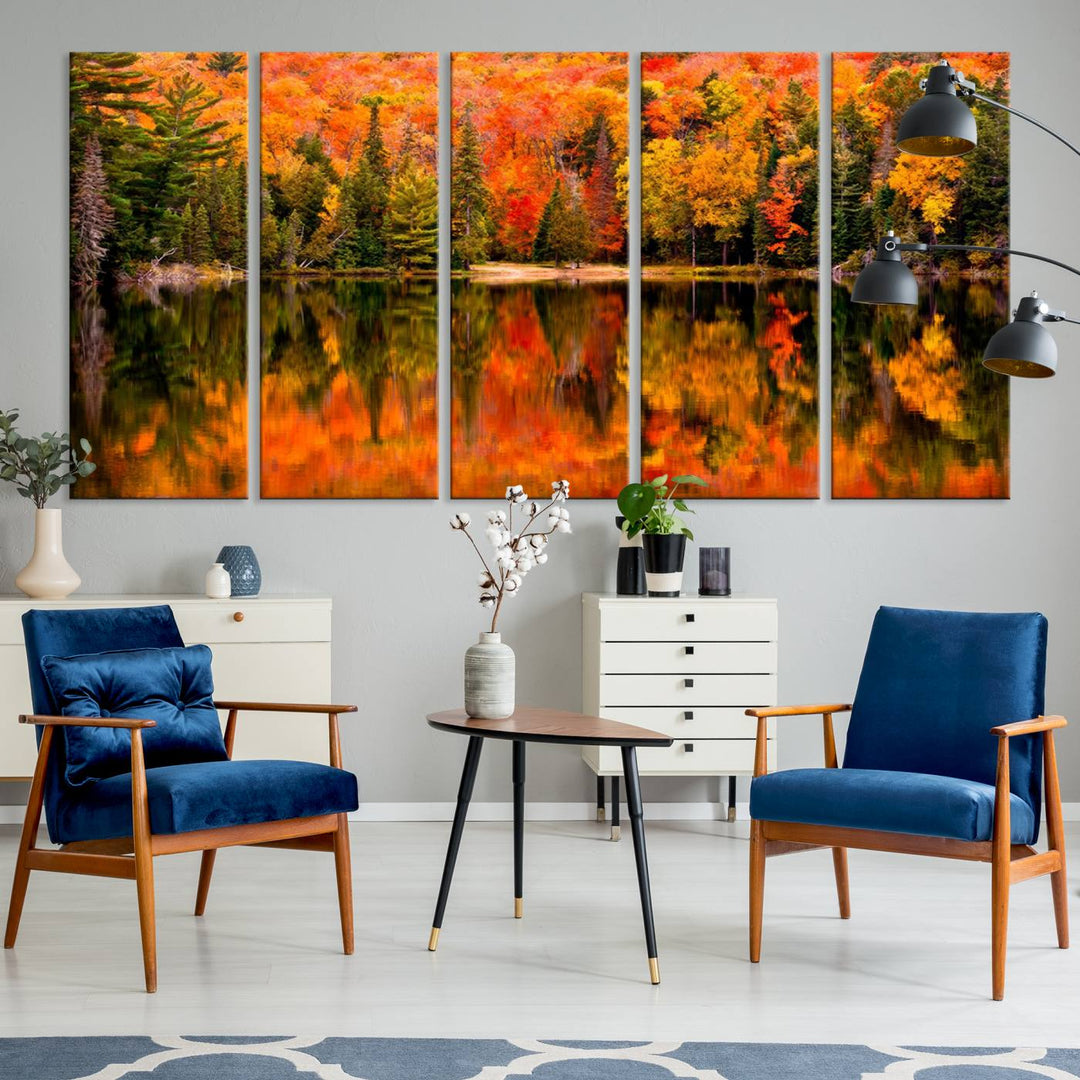 Autumn Forest Reflection Wall Art | Triptych Canvas Print | Vibrant Fall Foliage Wall Decor | Nature-Inspired Cabin Wall Art for Living Room