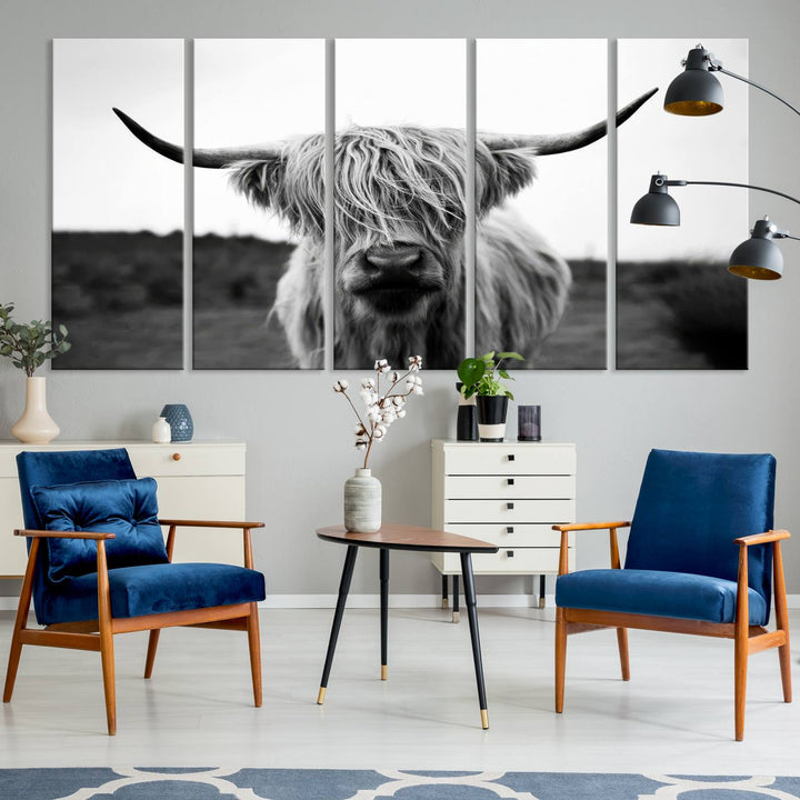 Highland Cow Wall Art | Black and White Farmhouse Decor | Ready to Hang Triptych Canvas Print | Rustic Barn Decor | Scottish Highland Cattle Art Print