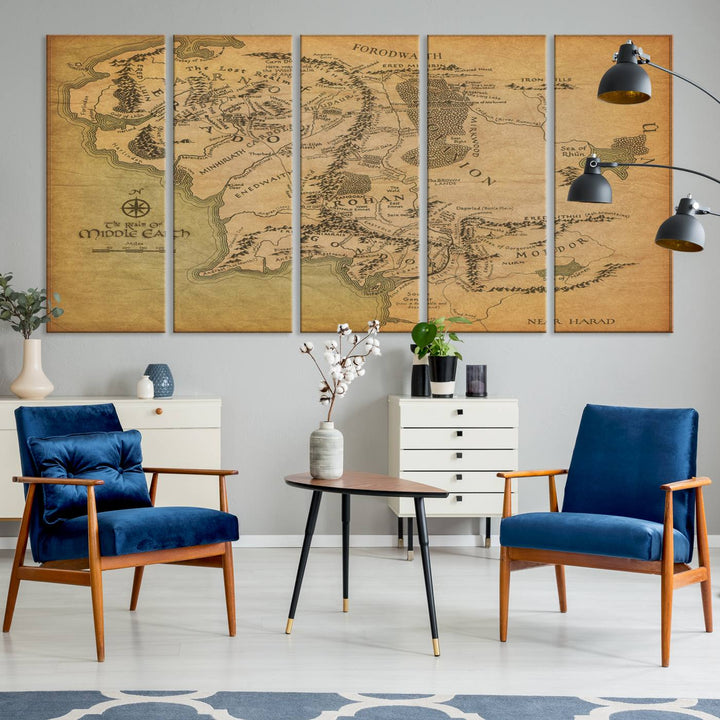 Vintage J.R.R. Tolkien Middle-Earth Map 3 Panel Canvas, perfect as wall art for home or office decor.