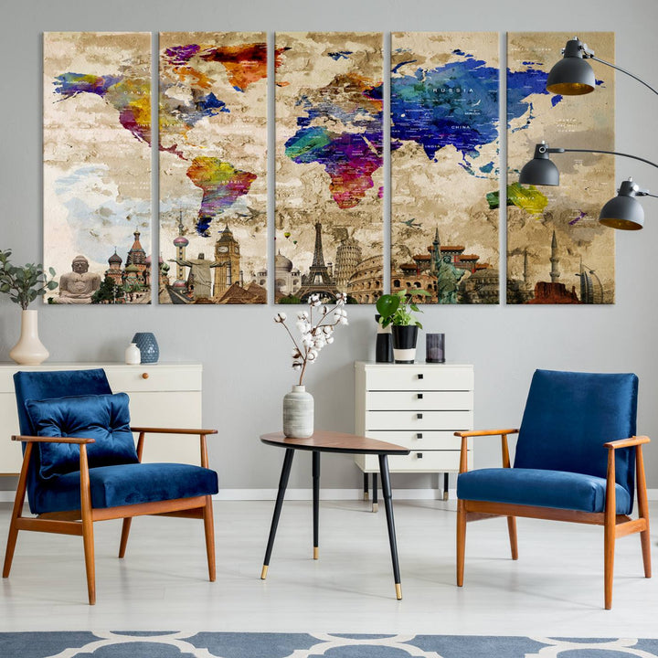 Artistic world map featuring landmarks like the Eiffel Tower, printed on premium wall art for office or living space.