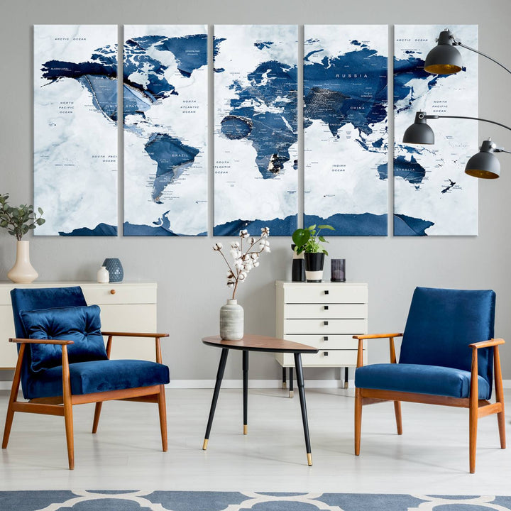 Navy Blue World Map with Antarctica Canvas: A perfect abstract home decor piece featuring a grunge-stained background.