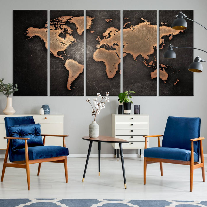 Maroon World Map Wall Art: Copper continents on a grunge-stained canvas, ideal for enhancing your decor.