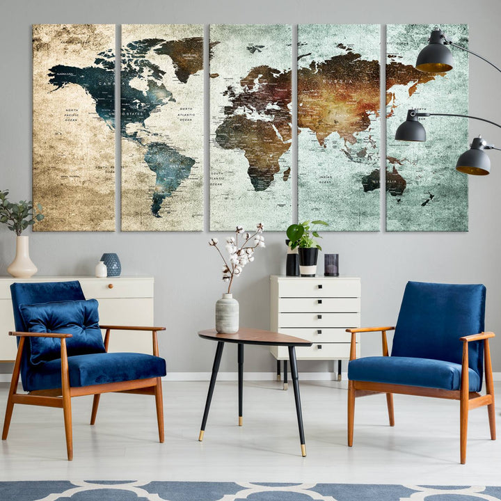 The Push Pin World Map Canvas Print serves as an ideal piece of wall art for travel lovers, showcasing vibrant colors and intricate details.