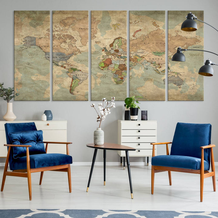 Vintage World Map Canvas Wall Art – Antique Triptych Map Print – Rustic Global Decor for Living Room or Office – Ready to Hang