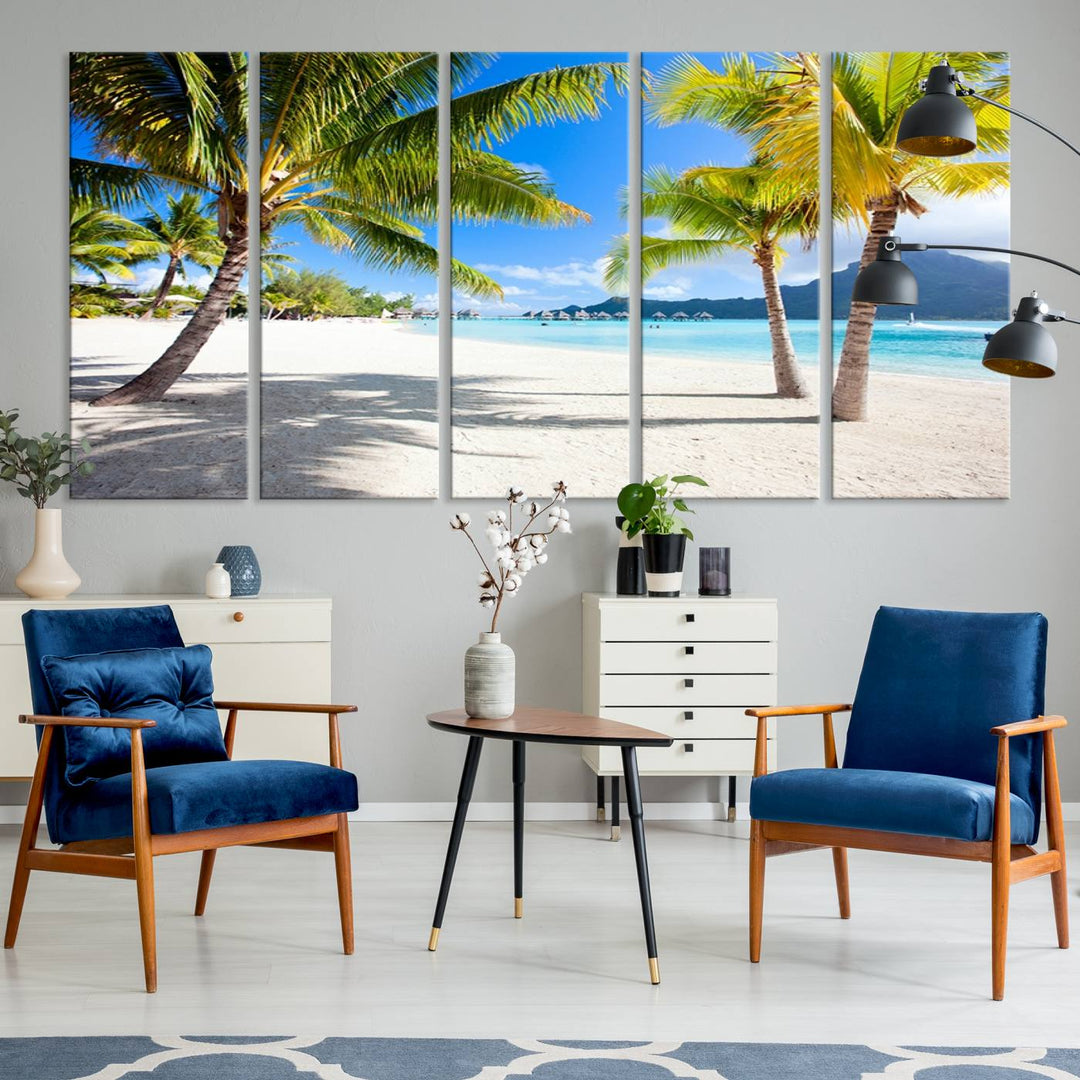 Blue Beach and Sea Wall Art Canvas Print: showcases a tropical scene with palm trees, white sand, and turquoise water.