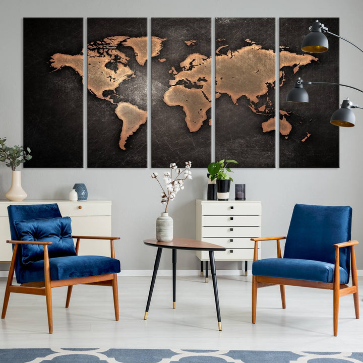 The Modern World Map on a metallic black canvas creates a striking effect.