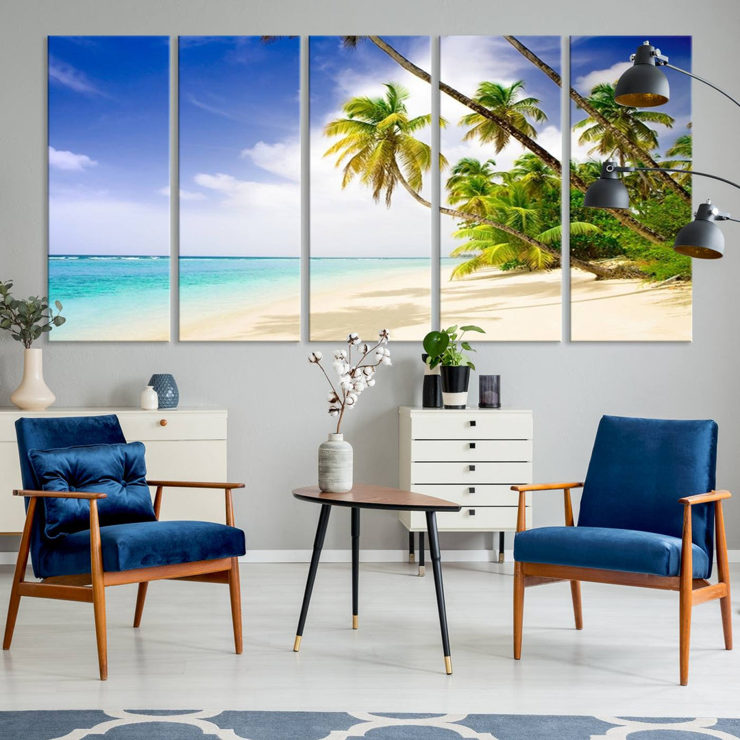 Tropical Beach Canvas: Palm Trees & White Sand Shore Decor, Vibrant Coastal Print, Ready to Hang.