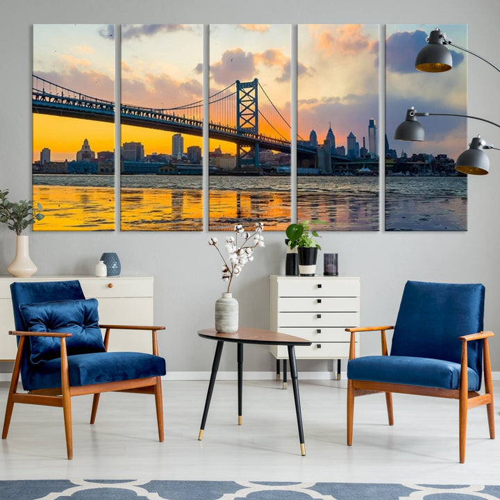 Ben Franklin Bridge Wall Art Print – Philadelphia Skyline Sunset Canvas Print.