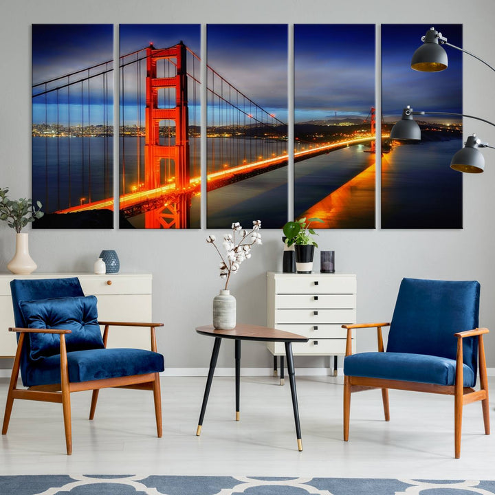 The living room features a large San Francisco canvas art piece—a stunning triptych of the Golden Gate Bridge at twilight, known as the "Large Wall Art San Francisco Canvas Print - Wonderful Golden Gate Bridge at Twilight.