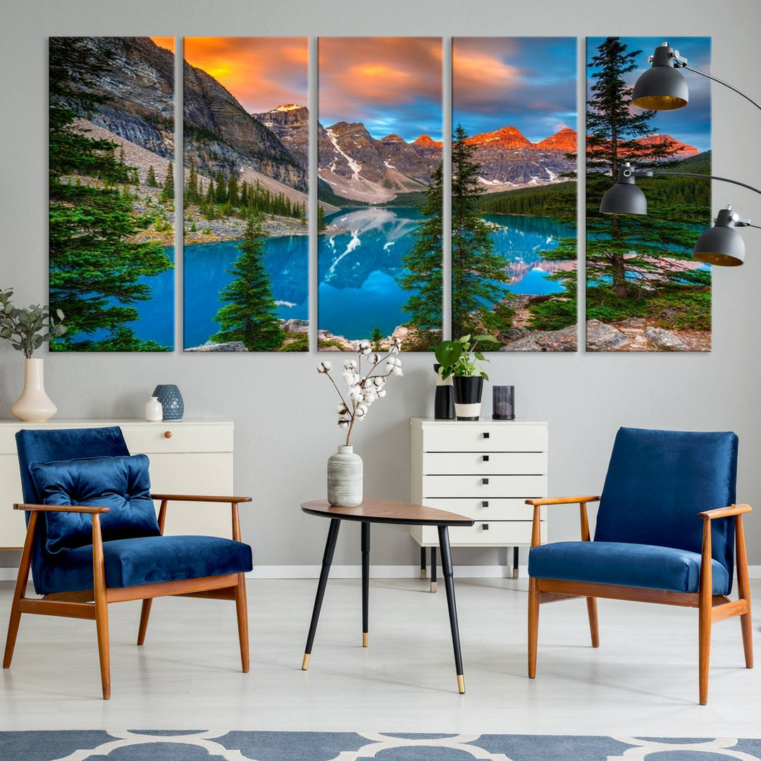 A kitchen featuring a Canadian Rockies Moraine Lake Wall Art Canvas Print displayed on the wall.