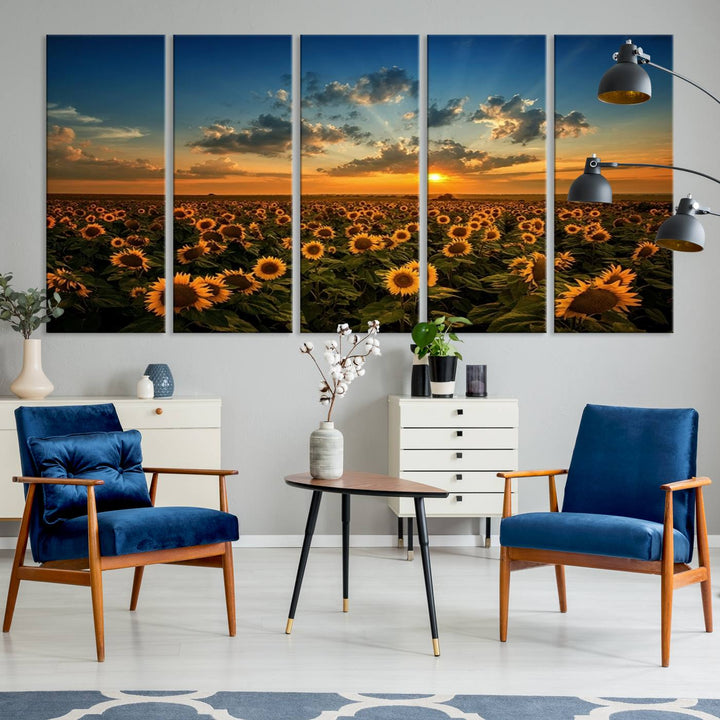 The dining area features the Sunflower Field Sunset Wall Art Canvas Print.