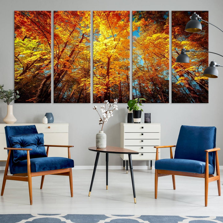 Forest View at Fall Wall Art hangs prominently, showcasing its beauty.