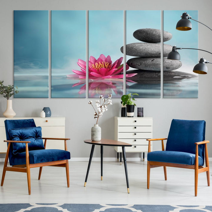 The dining room features a Zen Serenity Triptych wall art, showcasing a calming depiction of lotus flowers and balancing stones.