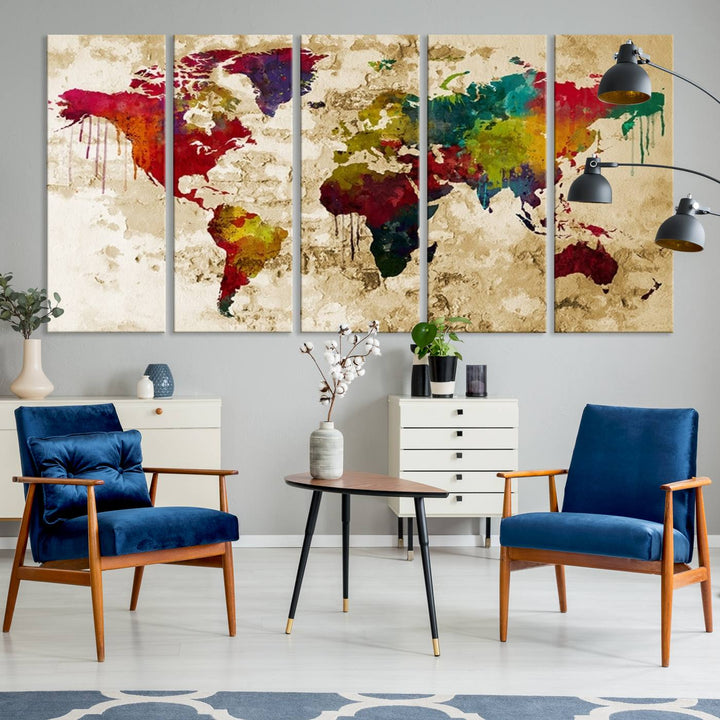 Wall Art World Map Canvas Print Rainbow Colored Vintage Style World Map
