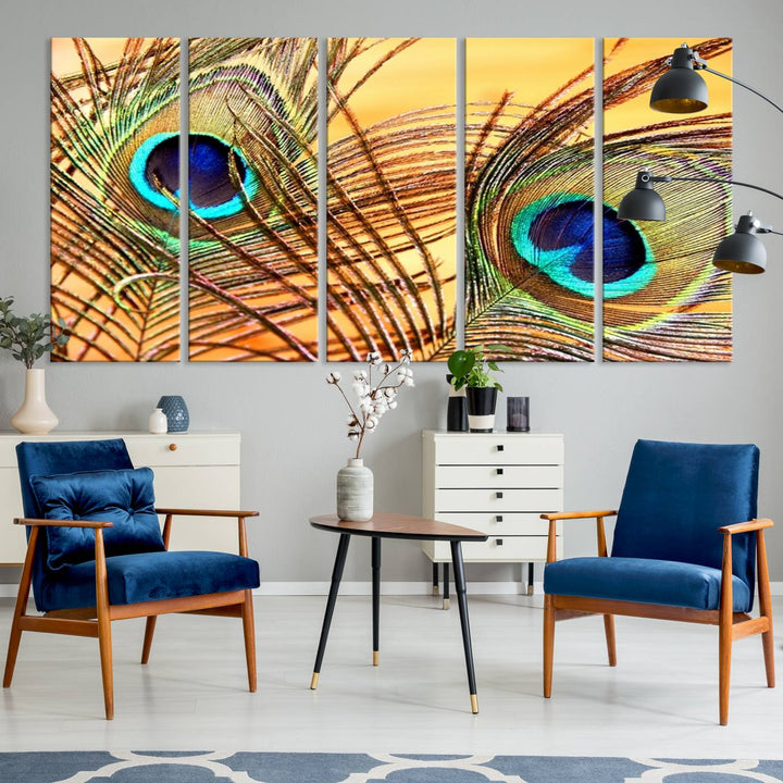 The room features vibrant peacock feather wall art.