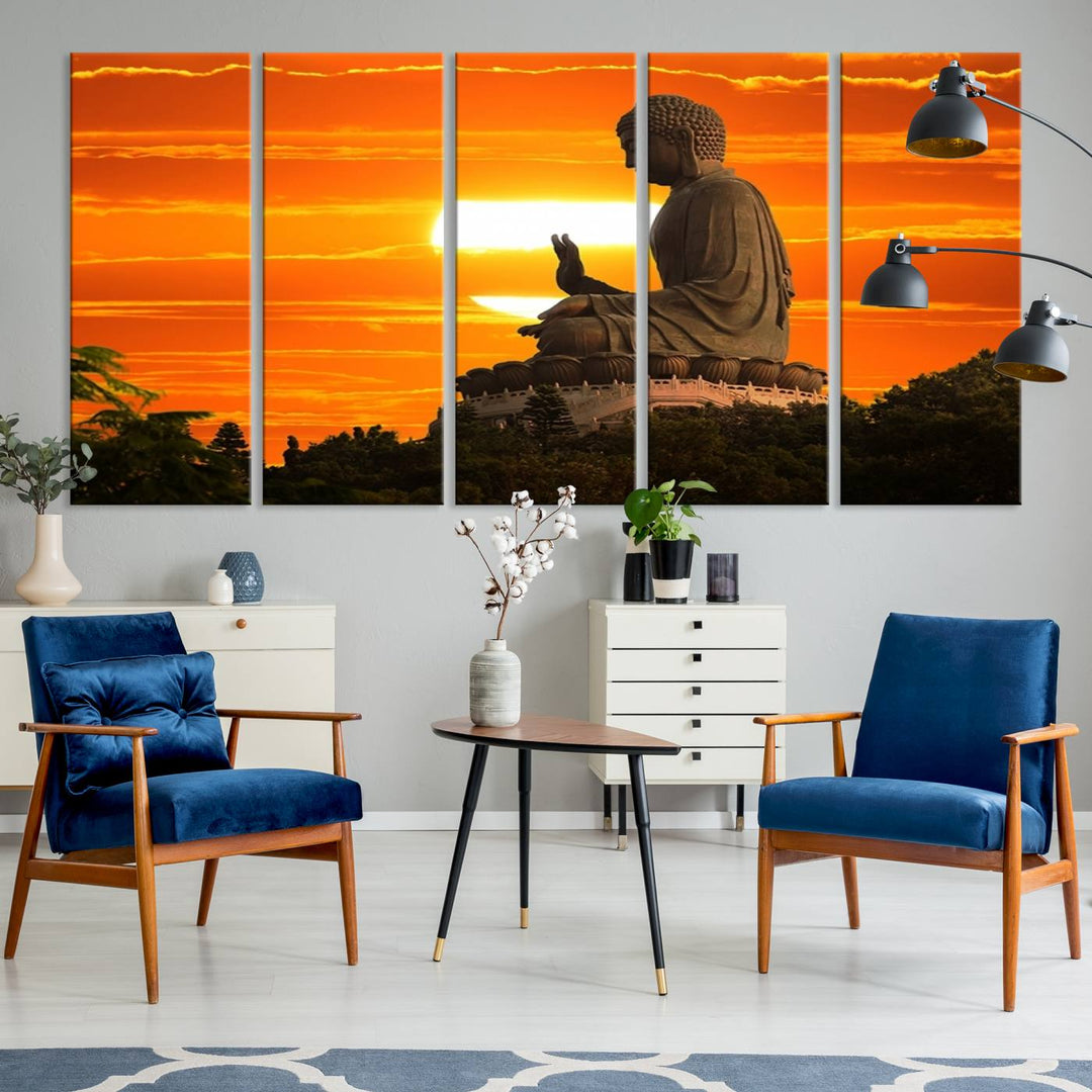 The Buddha Statue at Sunset canvas print adds serenity to the space.