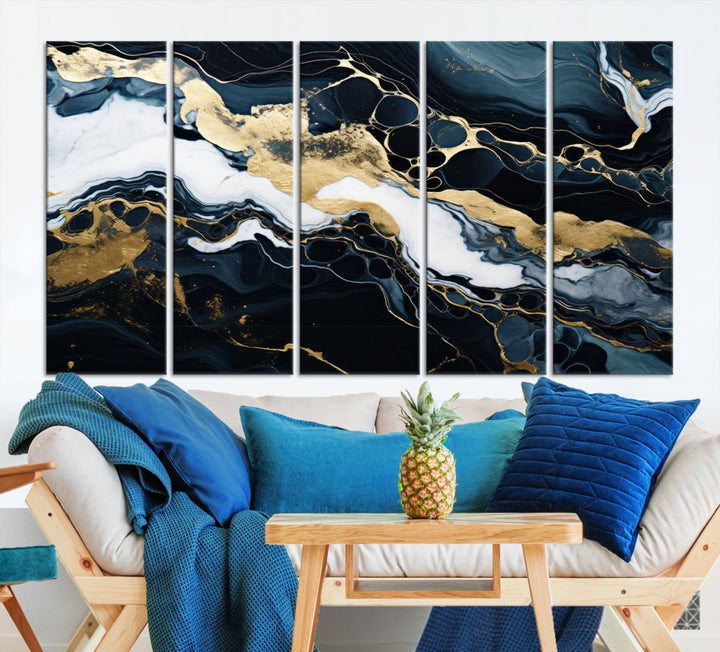 Fluid Marble Abstract Wall Art Print, a contemporary piece with black, white, and gold swirls on museum-quality canvas.