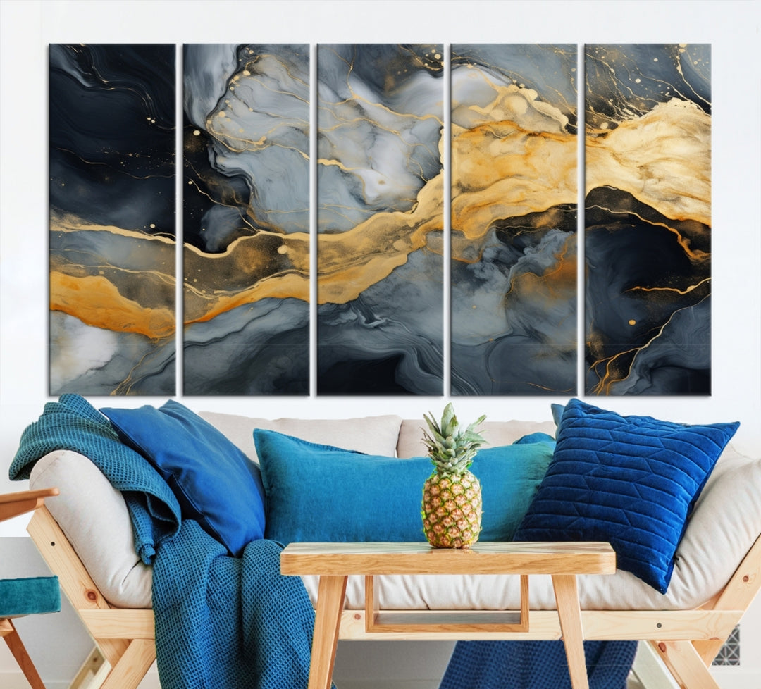 The living room features the Golden Gray Abstract Wall Art Print Contemporary Art Canvas Design, a triptych showcasing gold, black, and gray swirls. Crafted on museum-quality canvas and ready to hang, this piece is designed for elegance and durability.