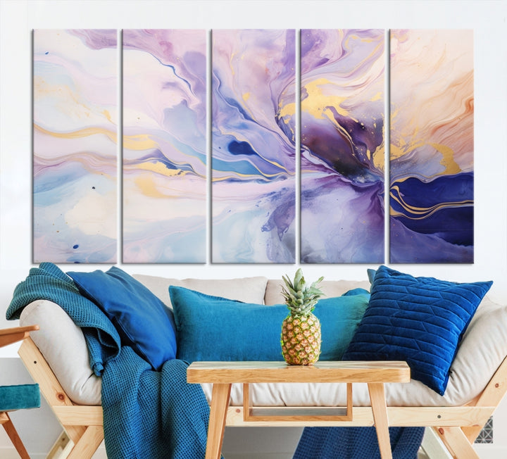 In the modern living room, a captivating Purple Color Abstract Wall Art Print graces the walls, mounted on museum-quality canvas, infusing the space with an artistic flair.