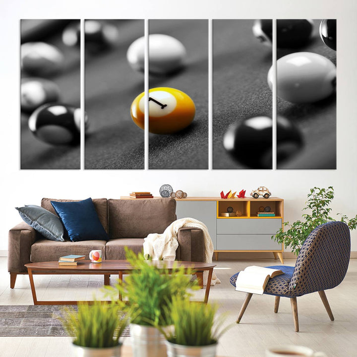 The Black and White Concept Billiard Balls Canvas Print elevates the space with museum-quality charm.