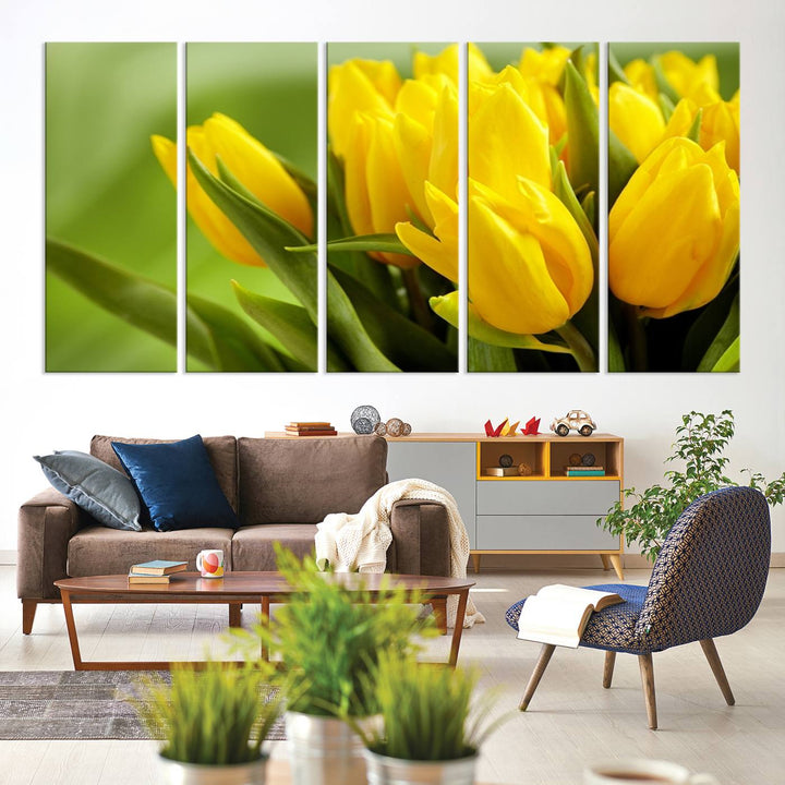 The Wall Art Yellow Tulips Canvas Print on a green background is featured.