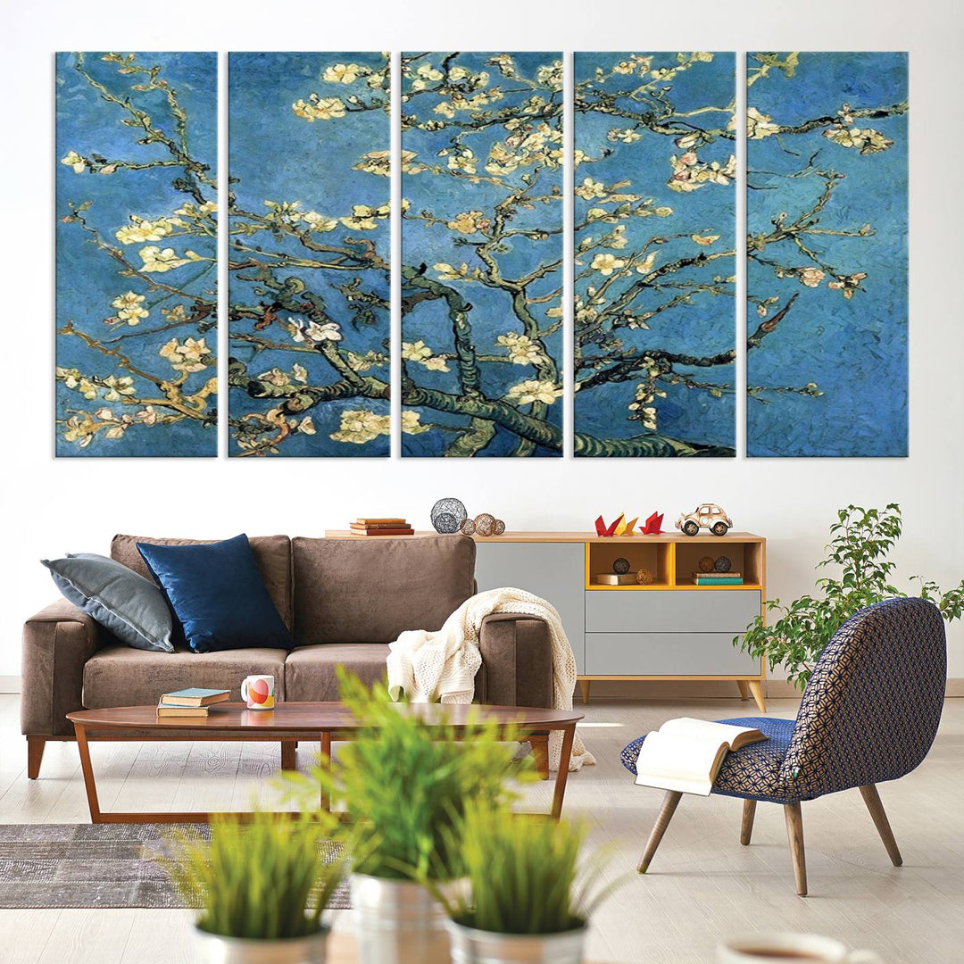 A Van Goghs Almond Blossom canvas print adds a touch of elegance to the wall.