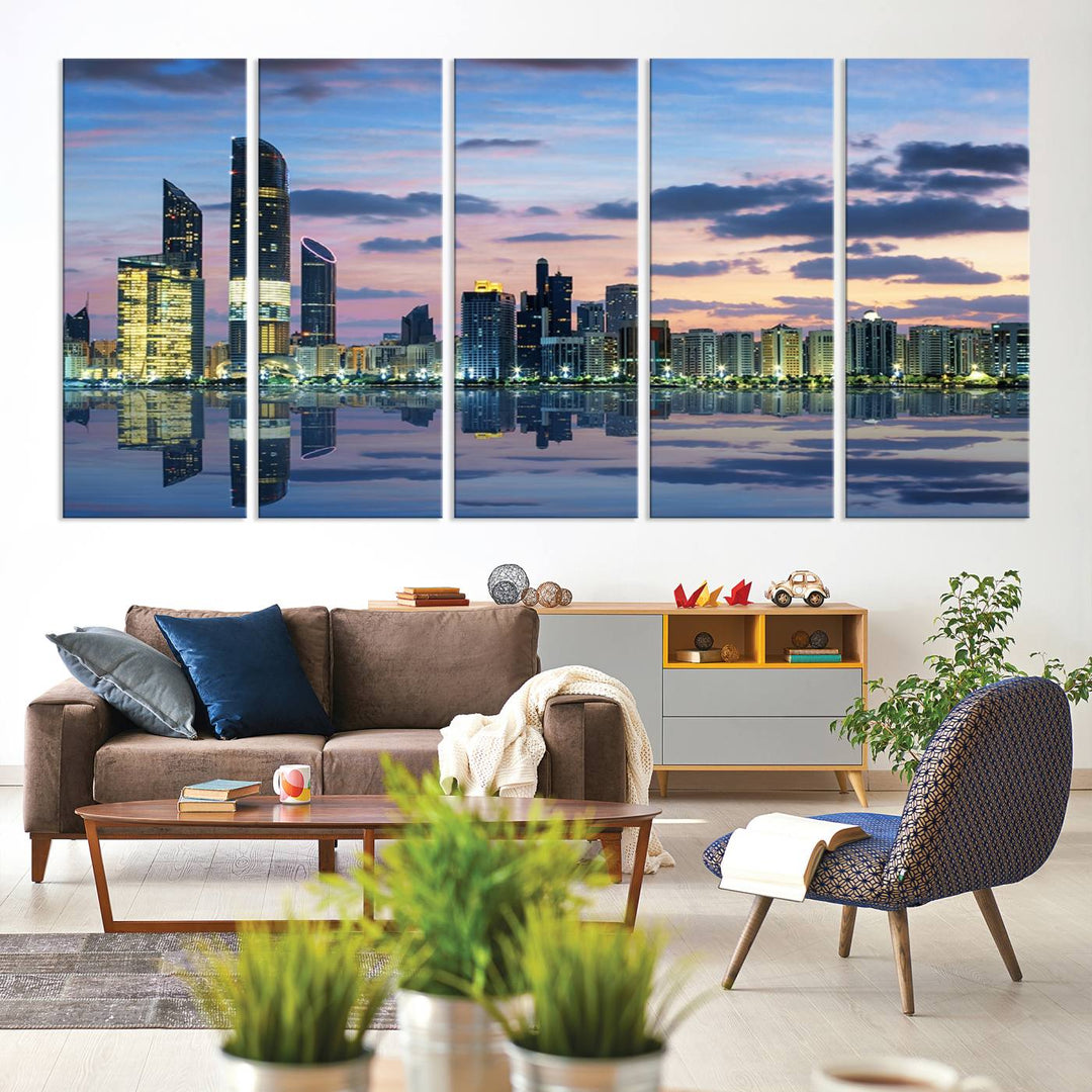 A gallery-quality wall art canvas print captures the Dubai city skyline with skyscrapers reflected in water at sunset.