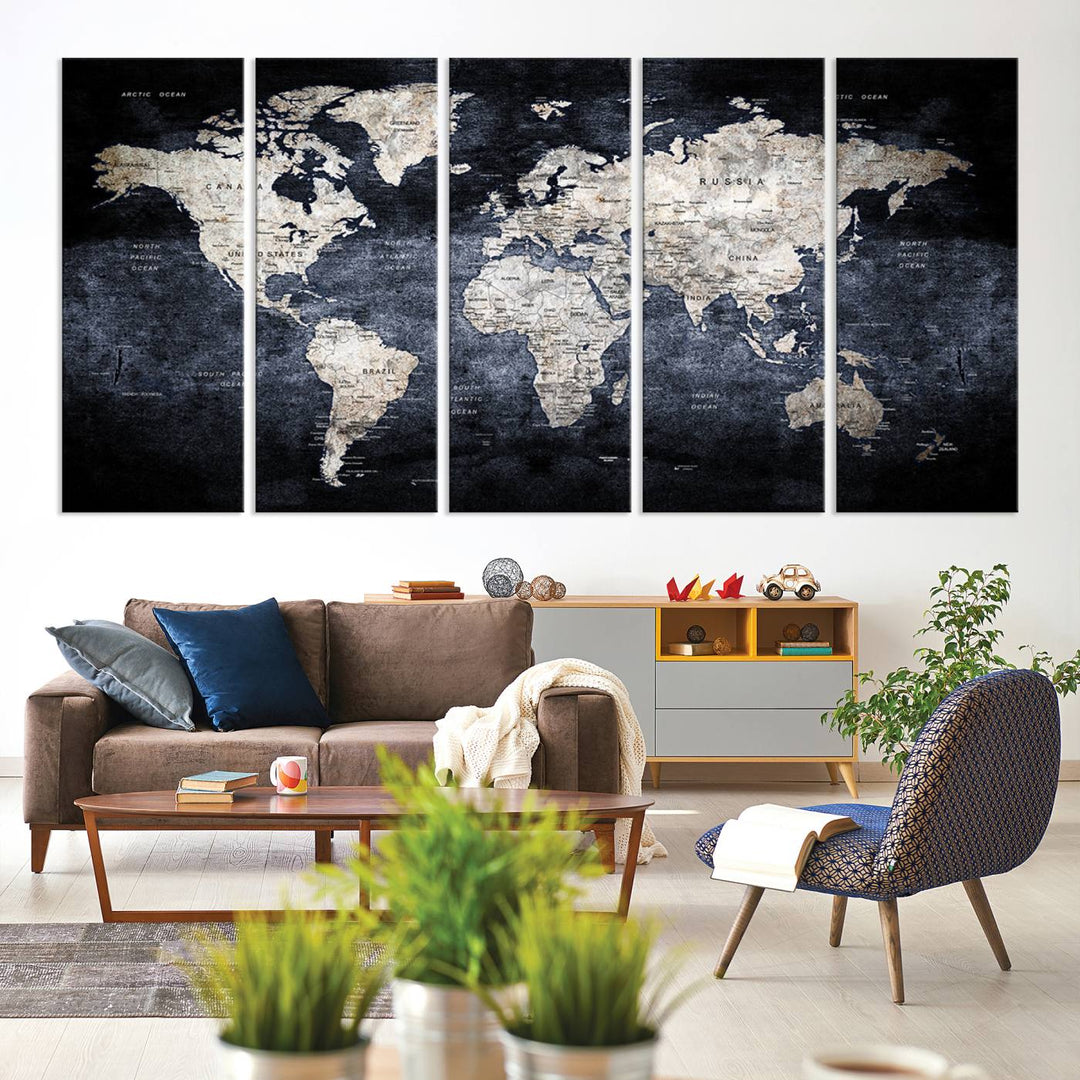 Rustic Black and Bronze World Map Canvas Triptych features white continents on a grunge-stained background.