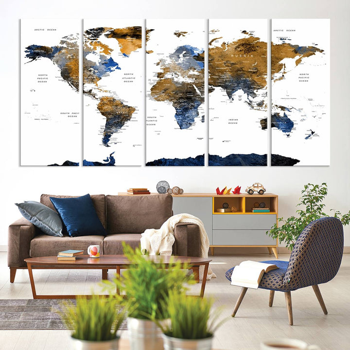 The Watercolor World Map Canvas showcases a grunge-stained background in gold, gray, and blue hues.