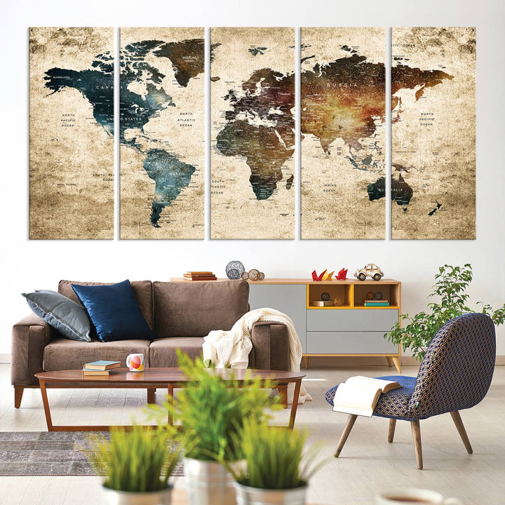 Vintage World Map Canvas Wall Art, perfect for antique-style decor, displayed against a light wood wall.