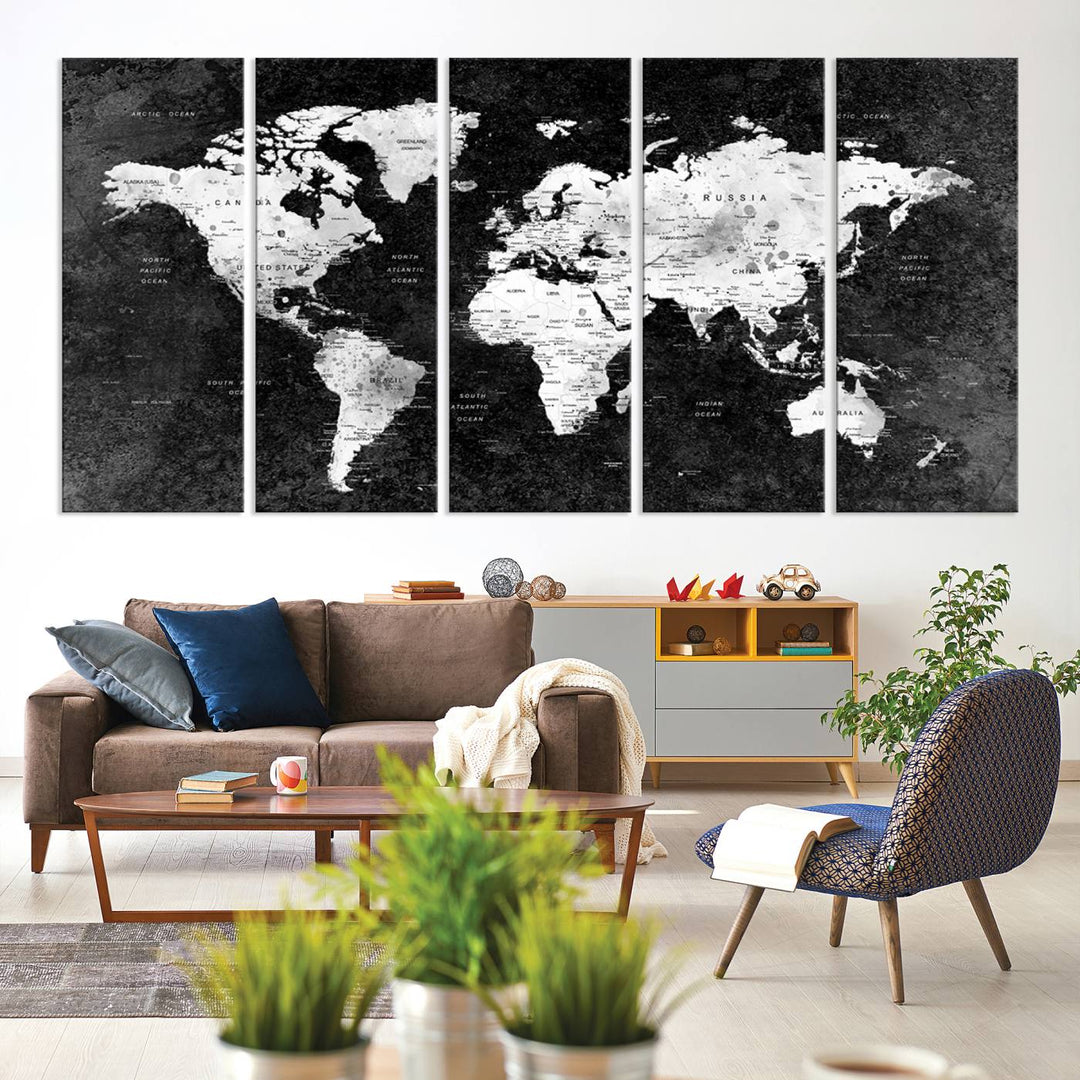 The dining room features a Modern Grayscale World Map 3-Panel Canvas Art as its focal point.