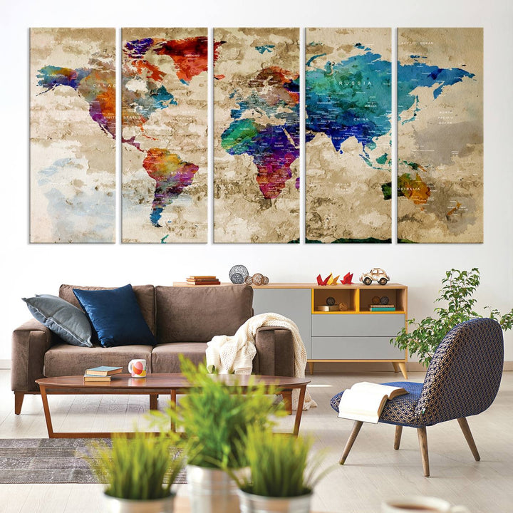 An Abstract Large Watercolor World Map Canvas Print hangs prominently.