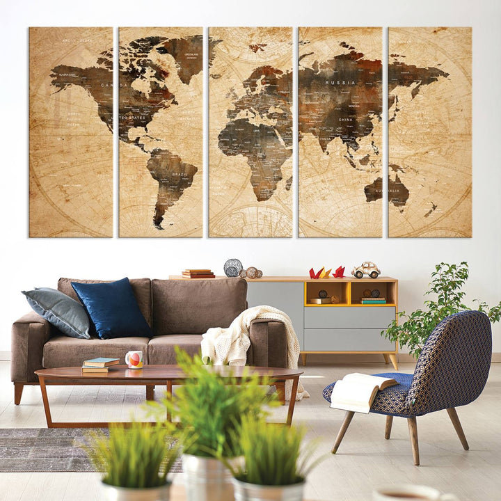 Vintage World Map: 3-Panel Canvas Print in antique rustic style. Framed and gallery wrapped. Ideal for decor.