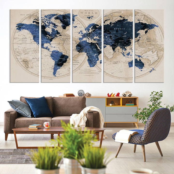 The Vintage Triptych Map Print is a grunge-stained blue and beige world map, perfect for enhancing wall decor.