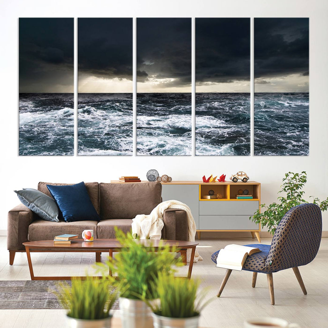 A Dark Clouds Stormy Sea canvas print, ready to hang, enhances the room.