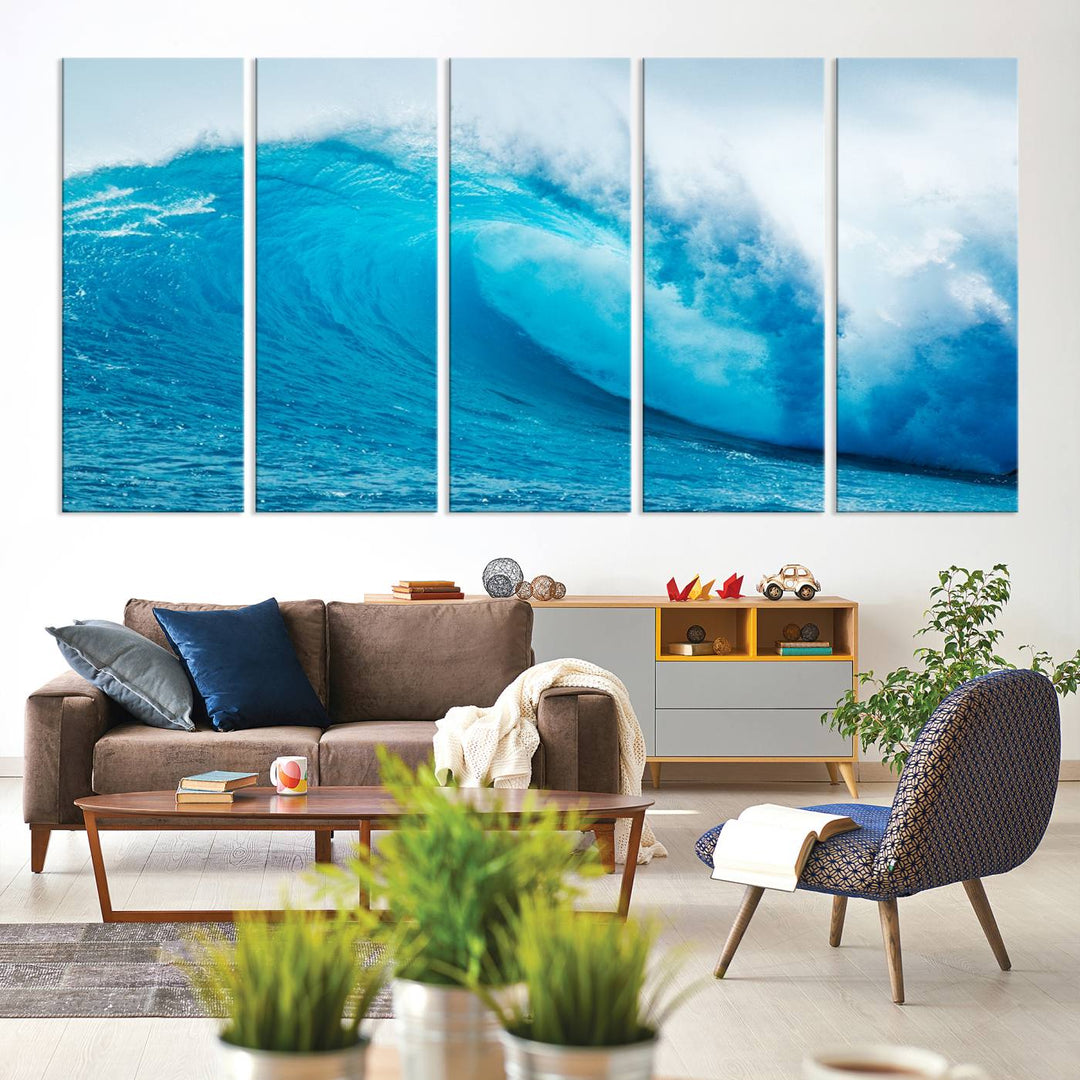 A museum-quality canvas depicting a vibrant blue ocean wave with white foam under a clear sky.