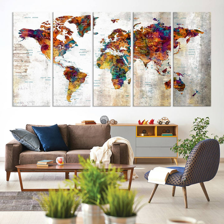 A vibrant Grunge Map Canvas Wall Art Set (3 Panels) for home or office decor, perfect for travel enthusiasts.