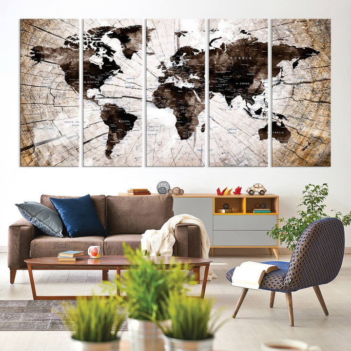 The Tree Ring World Map Canvas hangs above the table, blending into the nature-inspired setting.