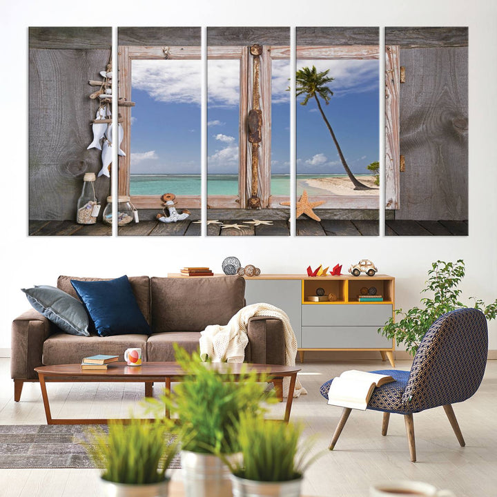 The Window Wall Art Relaxing Beach features seashells and a rustic window frame.